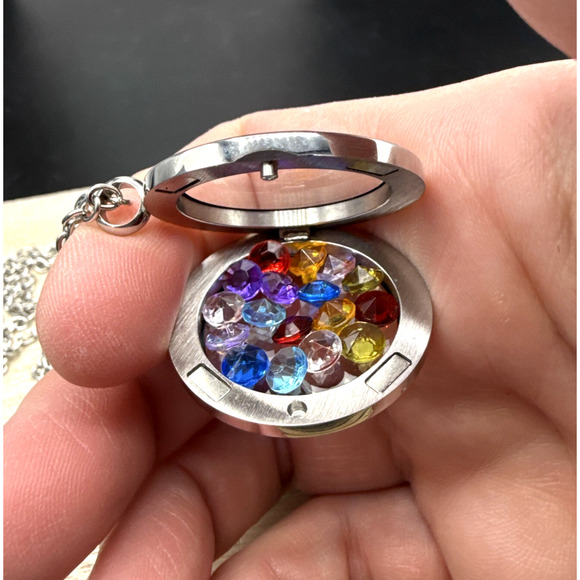 Crystal Locket Necklace 36" Multicolor Caged Crystals Silver Tone Frame READ - Picture 3 of 9